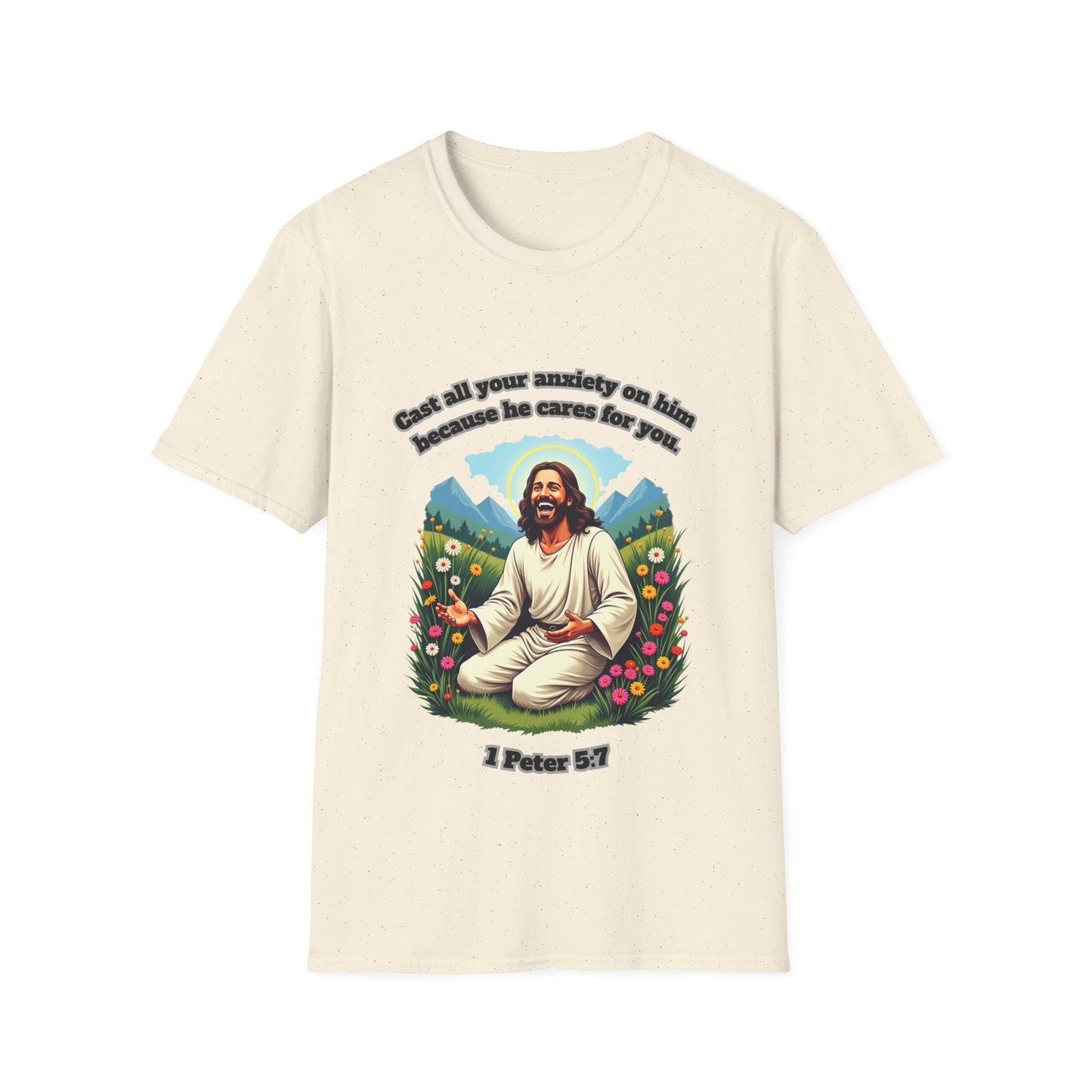 Cast Anxiety Because He Cares Graphic T-Shirt for Healing and Empowerment 1 Peter 5:7