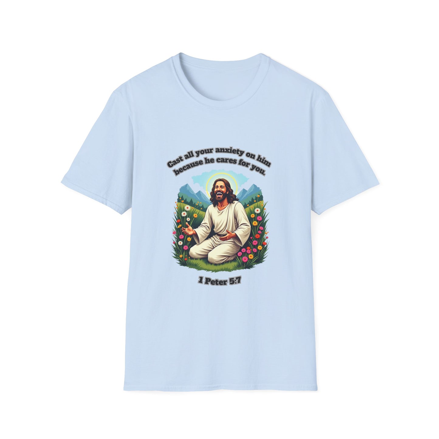 Cast Anxiety Because He Cares Graphic T-Shirt for Healing and Empowerment 1 Peter 5:7