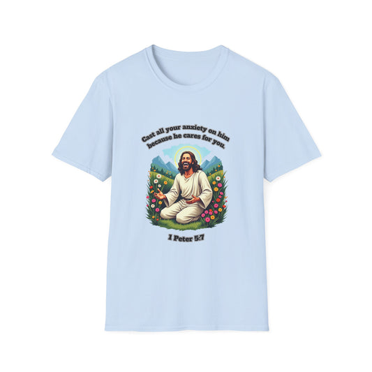 Cast Anxiety Because He Cares Graphic T-Shirt for Healing and Empowerment 1 Peter 5:7