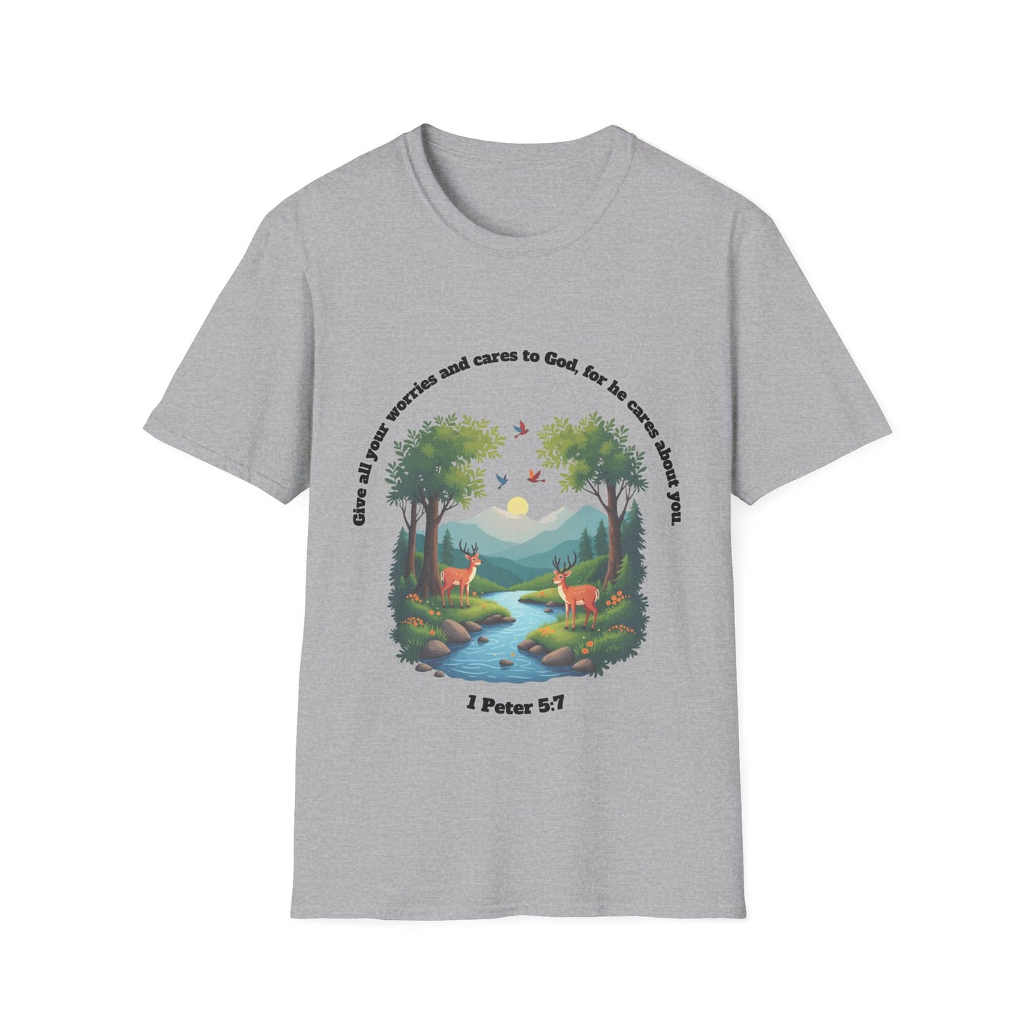 Worries And Cares Nature-Inspired Unisex T-Shirt with 1Peter 5:7 Design
