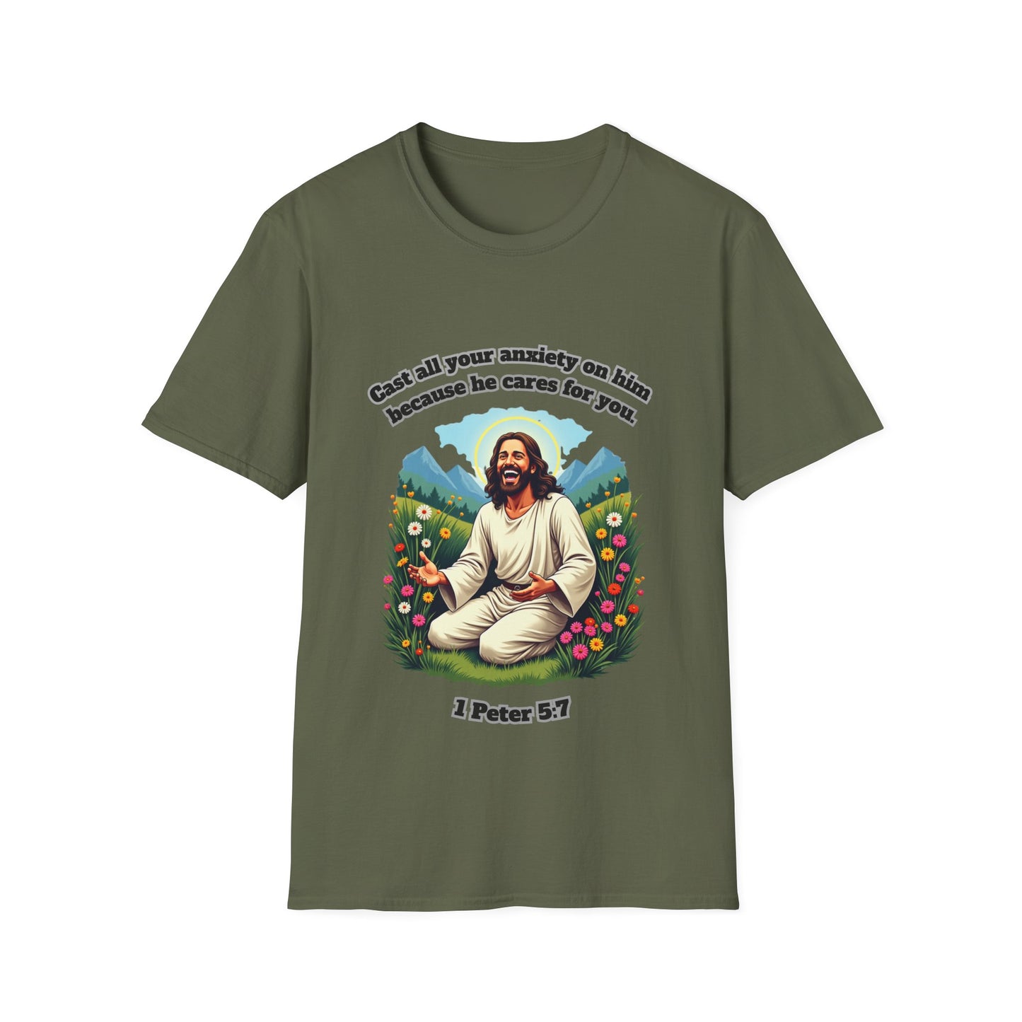 Cast Anxiety Because He Cares Graphic T-Shirt for Healing and Empowerment 1 Peter 5:7