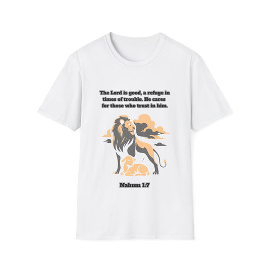 Lord Is Good Inspirational Lion Graphic T-Shirt - Faith & Trust Design Nahum 1:7