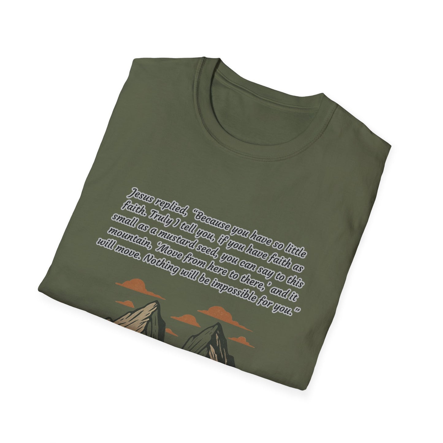 Mustard Seed Faith Inspirational Unisex Softstyle T-Shirt with Mountain Design - Perfect for Motivational Gifts Matthew 17:20