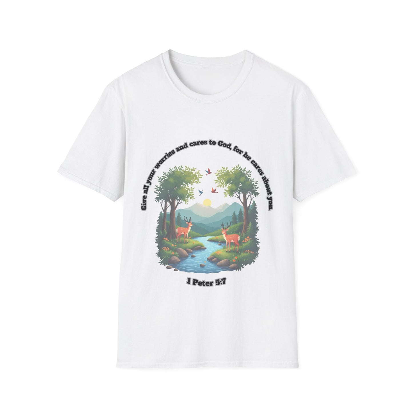 Worries And Cares Nature-Inspired Unisex T-Shirt with 1Peter 5:7 Design