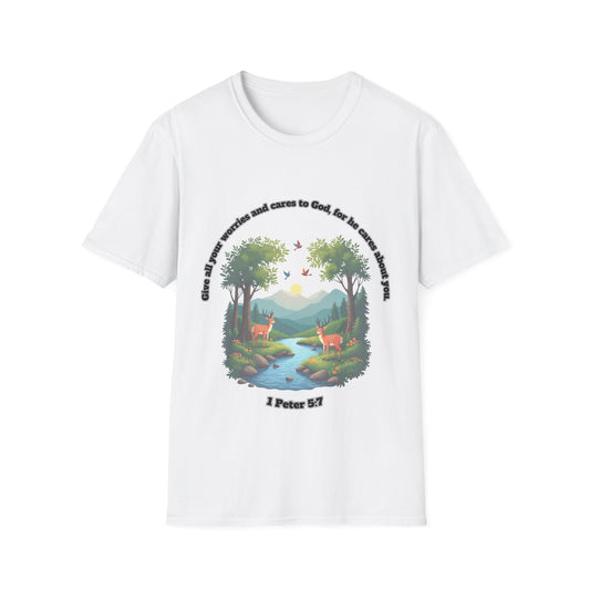 Worries And Cares Nature-Inspired Unisex T-Shirt with 1Peter 5:7 Design
