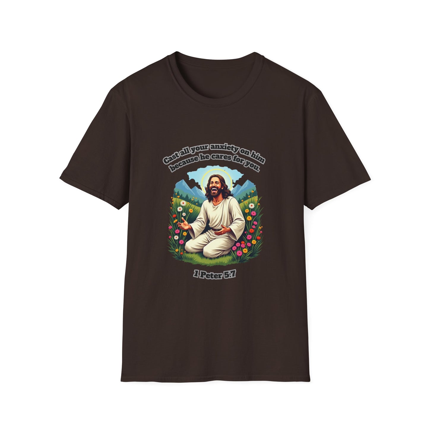 Cast Anxiety Because He Cares Graphic T-Shirt for Healing and Empowerment 1 Peter 5:7