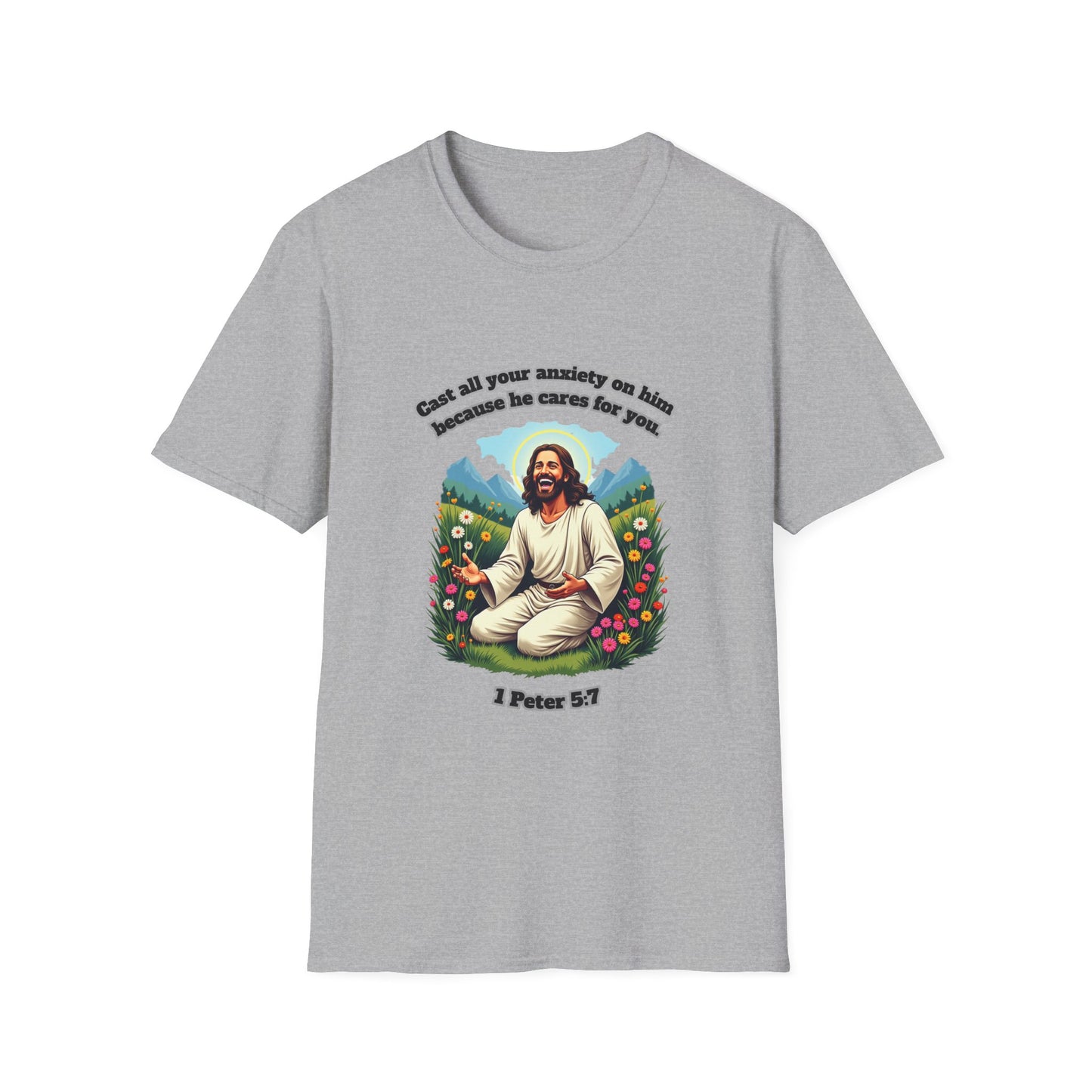Cast Anxiety Because He Cares Graphic T-Shirt for Healing and Empowerment 1 Peter 5:7