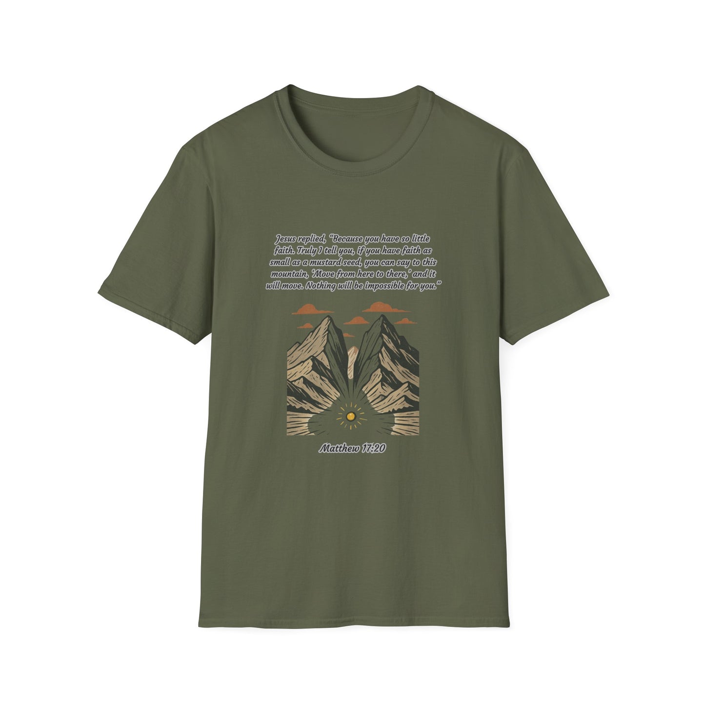 Mustard Seed Faith Inspirational Unisex Softstyle T-Shirt with Mountain Design - Perfect for Motivational Gifts Matthew 17:20