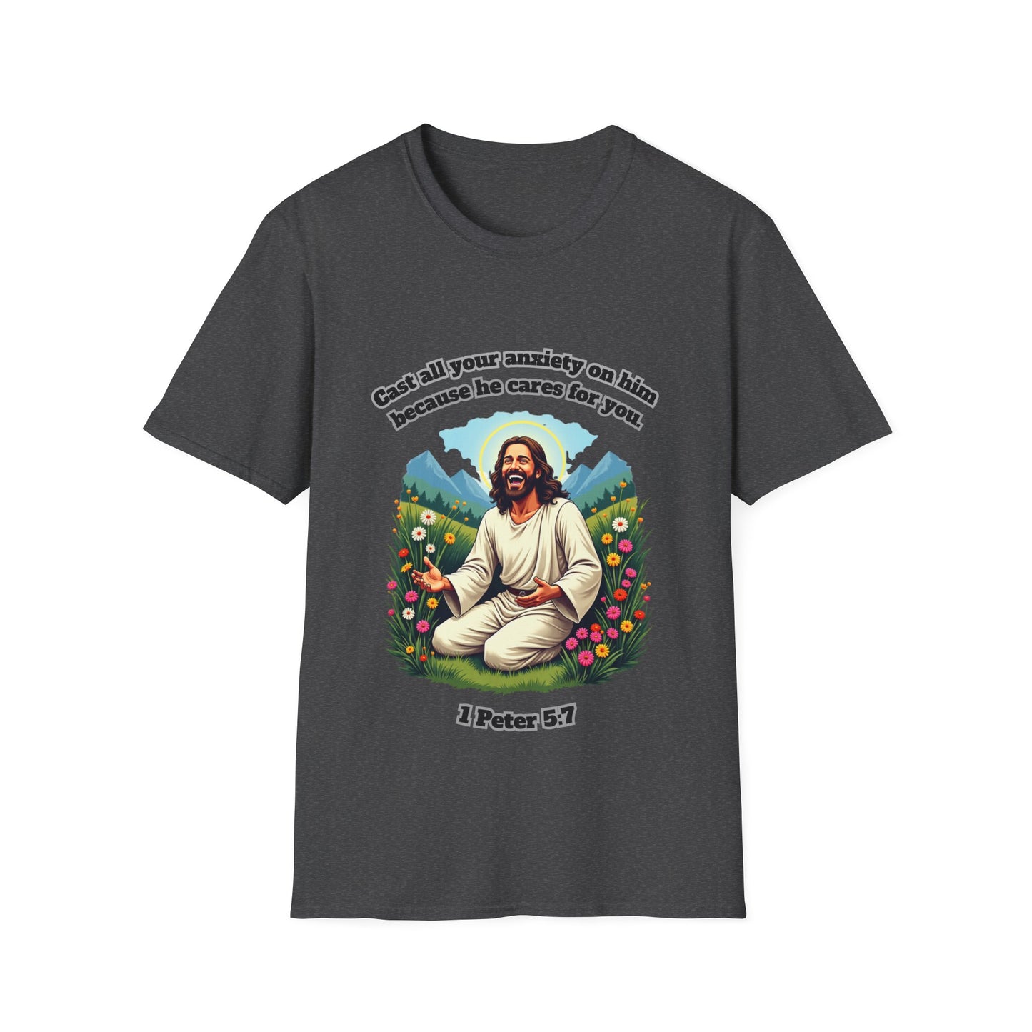 Cast Anxiety Because He Cares Graphic T-Shirt for Healing and Empowerment 1 Peter 5:7
