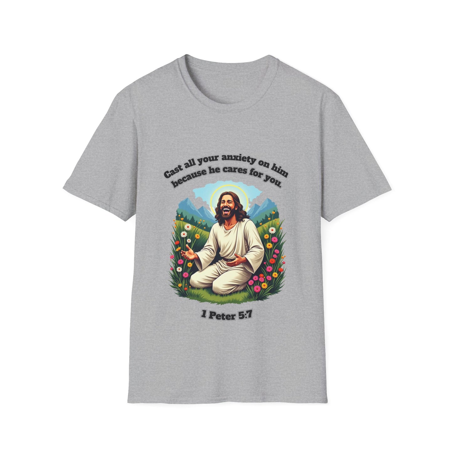 Cast Anxiety Because He Cares Graphic T-Shirt for Healing and Empowerment 1 Peter 5:7