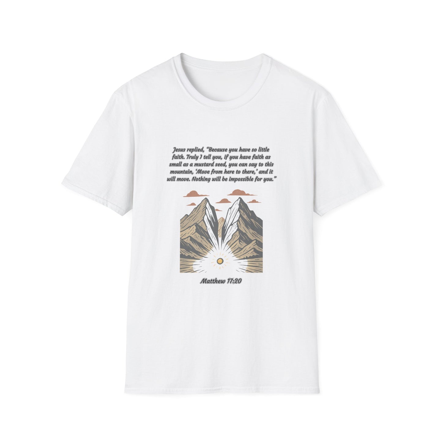 Mustard Seed Faith Inspirational Unisex Softstyle T-Shirt with Mountain Design - Perfect for Motivational Gifts Matthew 17:20