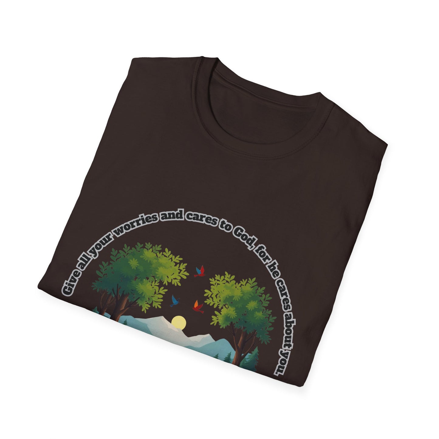 Worries And Cares Nature-Inspired Unisex T-Shirt with 1Peter 5:7 Design