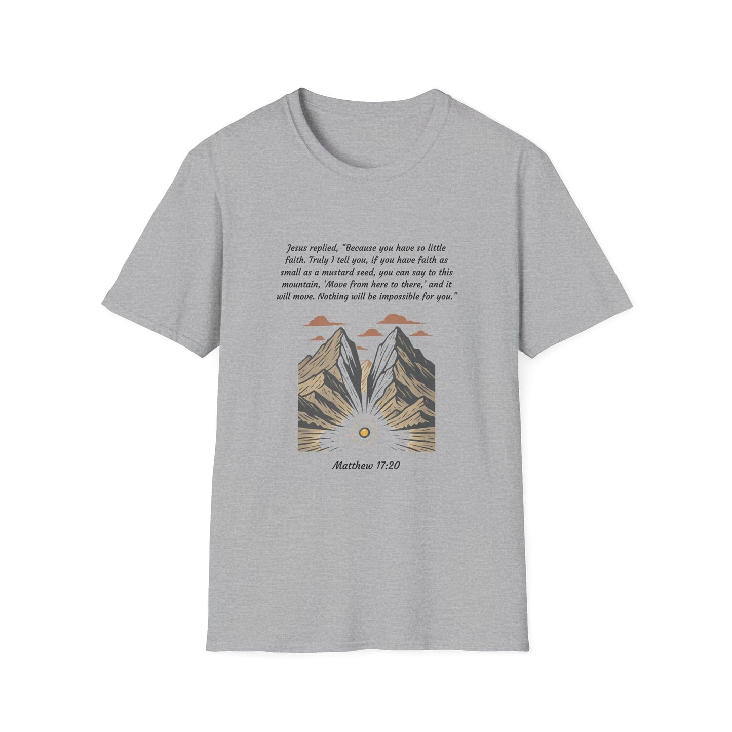 Mustard Seed Faith Inspirational Unisex Softstyle T-Shirt with Mountain Design - Perfect for Motivational Gifts Matthew 17:20