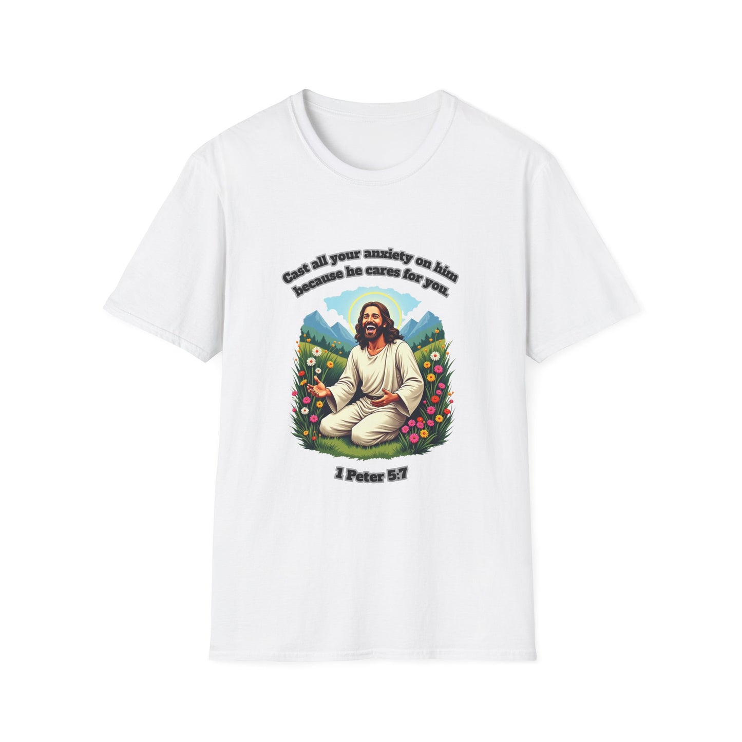 Cast Anxiety Because He Cares Graphic T-Shirt for Healing and Empowerment 1 Peter 5:7