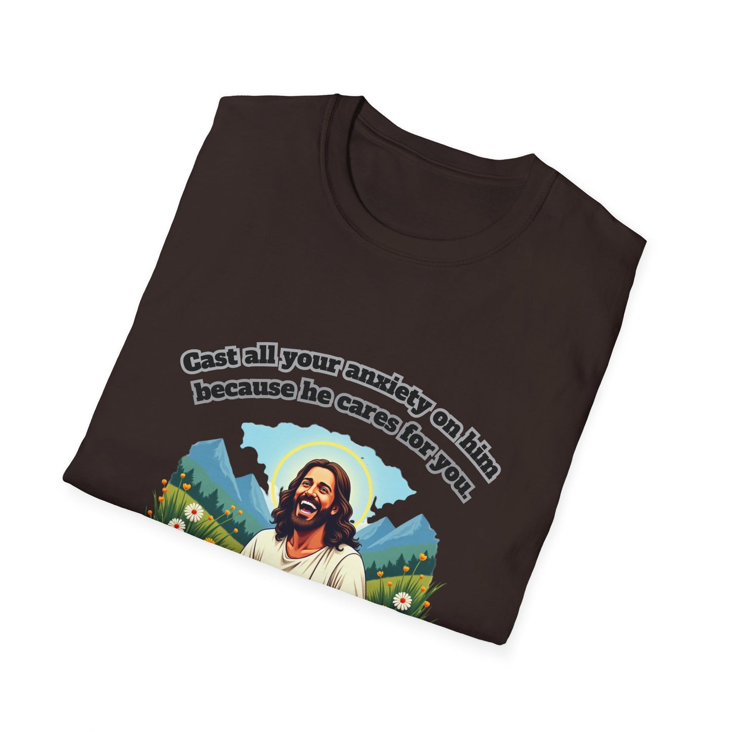 Cast Anxiety Because He Cares Graphic T-Shirt for Healing and Empowerment 1 Peter 5:7