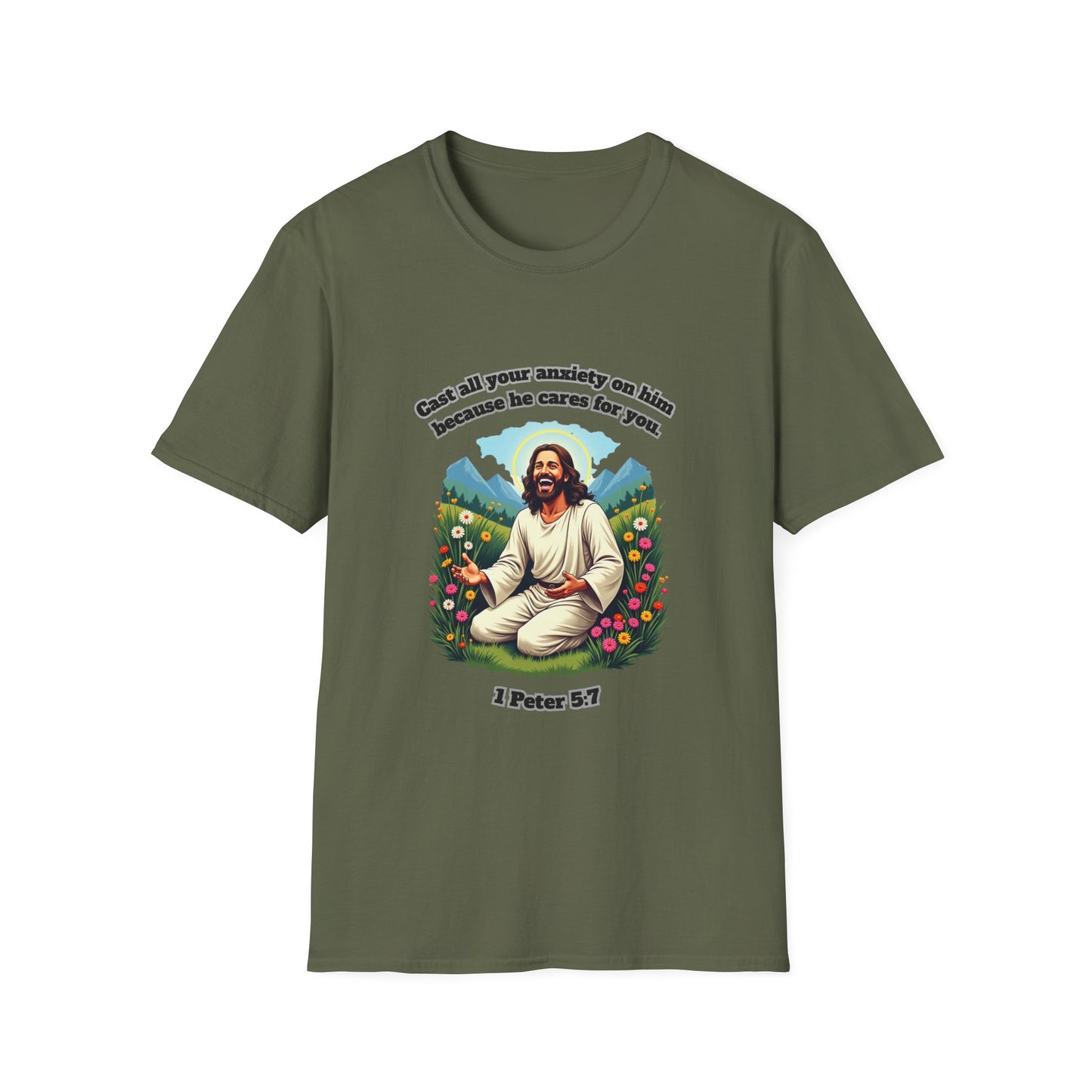 Cast Anxiety Because He Cares Graphic T-Shirt for Healing and Empowerment 1 Peter 5:7