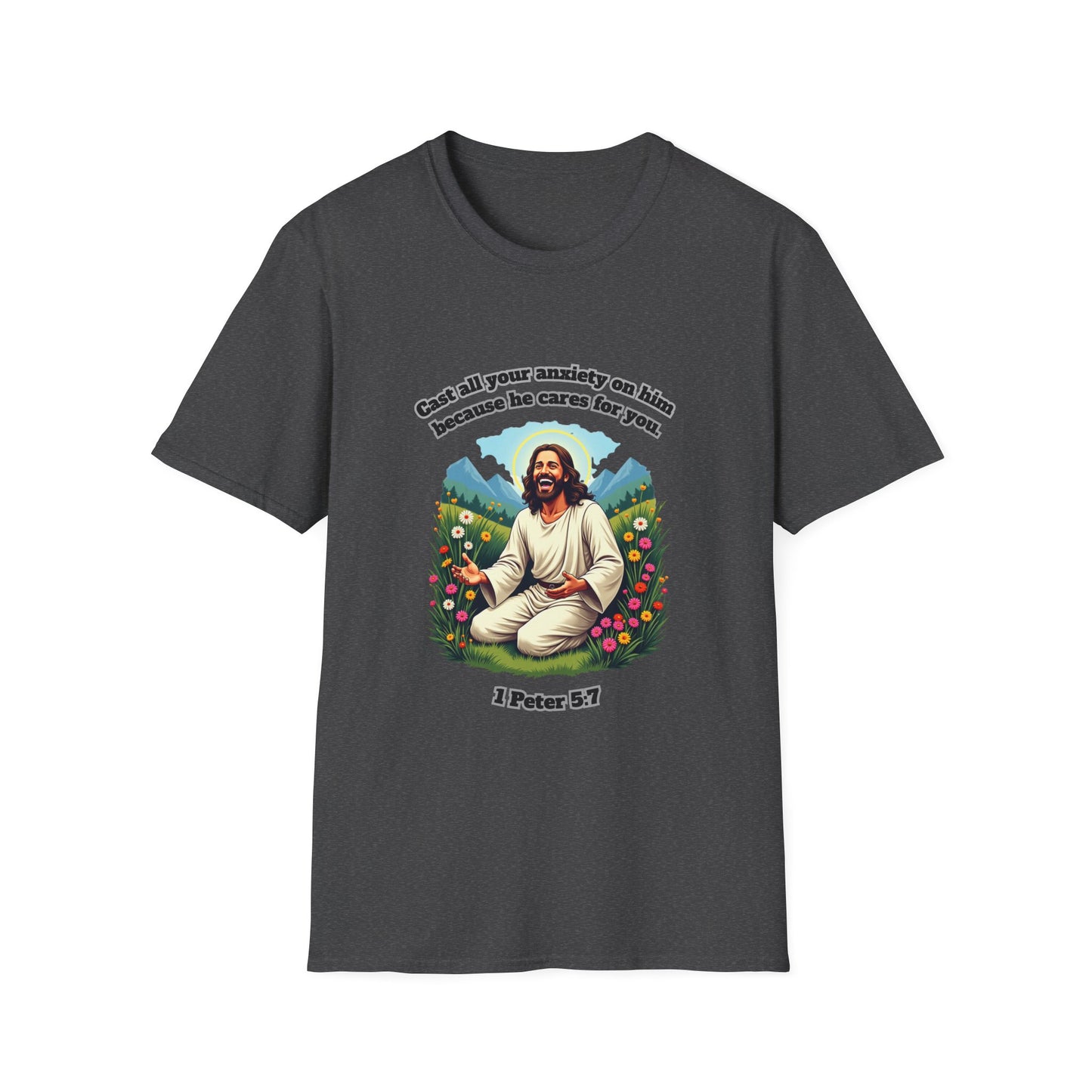 Cast Anxiety Because He Cares Graphic T-Shirt for Healing and Empowerment 1 Peter 5:7
