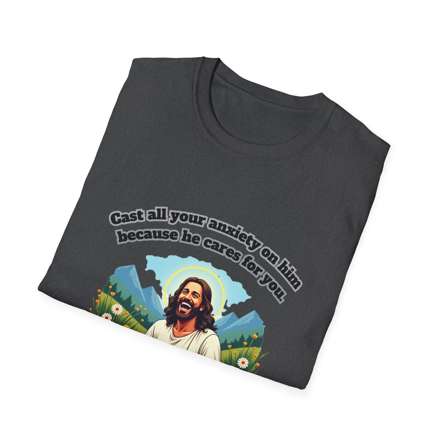 Cast Anxiety Because He Cares Graphic T-Shirt for Healing and Empowerment 1 Peter 5:7