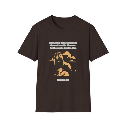 Lord Is Good Inspirational Lion Graphic T-Shirt - Faith & Trust Design Nahum 1:7