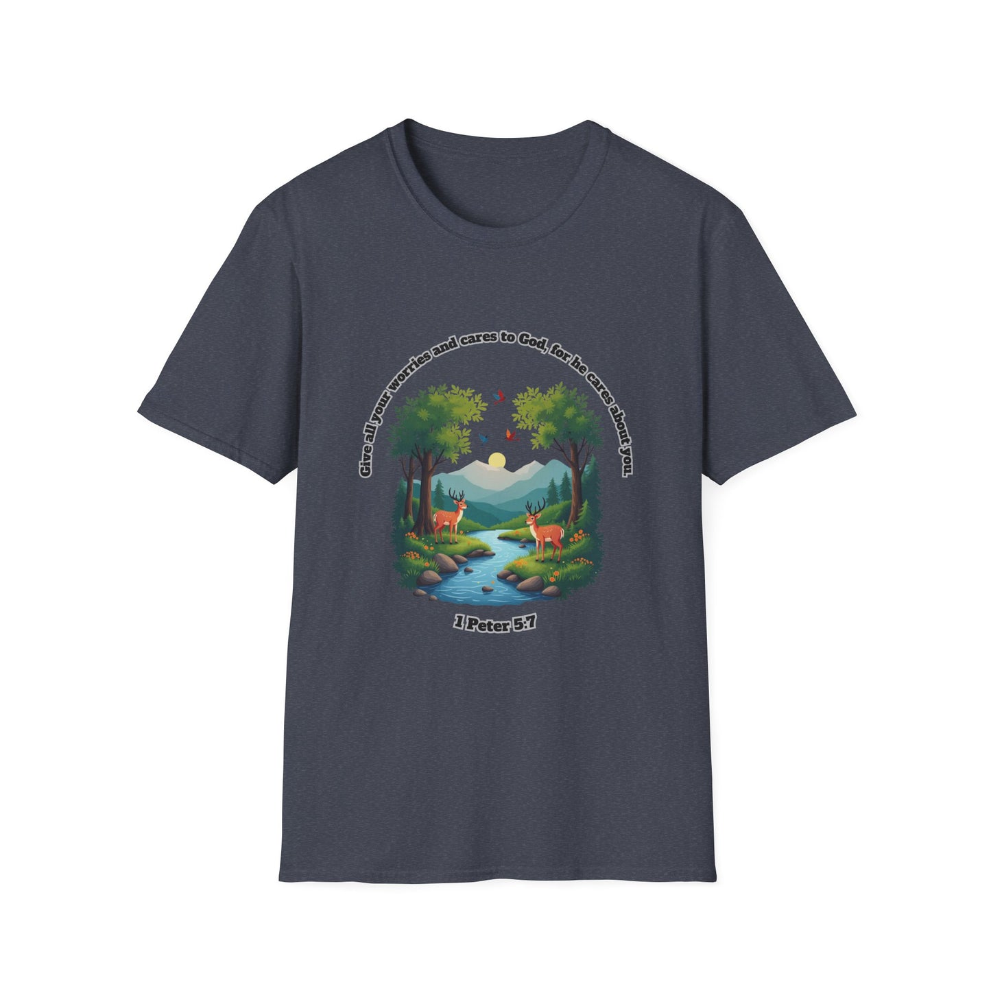 Worries And Cares Nature-Inspired Unisex T-Shirt with 1 Peter 5:7 Design