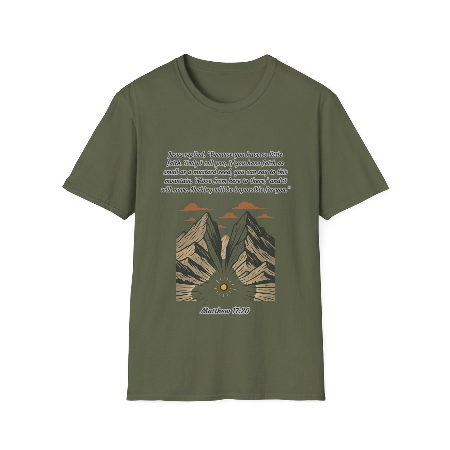 Mustard Seed Faith Inspirational Unisex Softstyle T-Shirt with Mountain Design - Perfect for Motivational Gifts Matthew 17:20