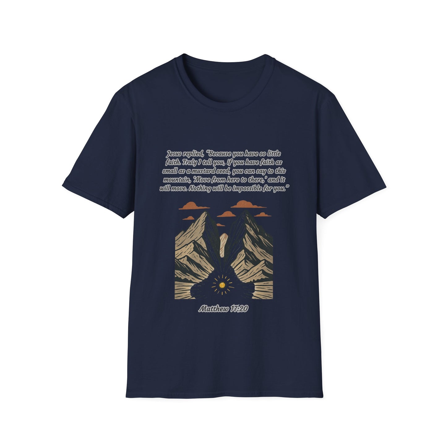 Mustard Seed Faith Inspirational Unisex Softstyle T-Shirt with Mountain Design - Perfect for Motivational Gifts Matthew 17:20