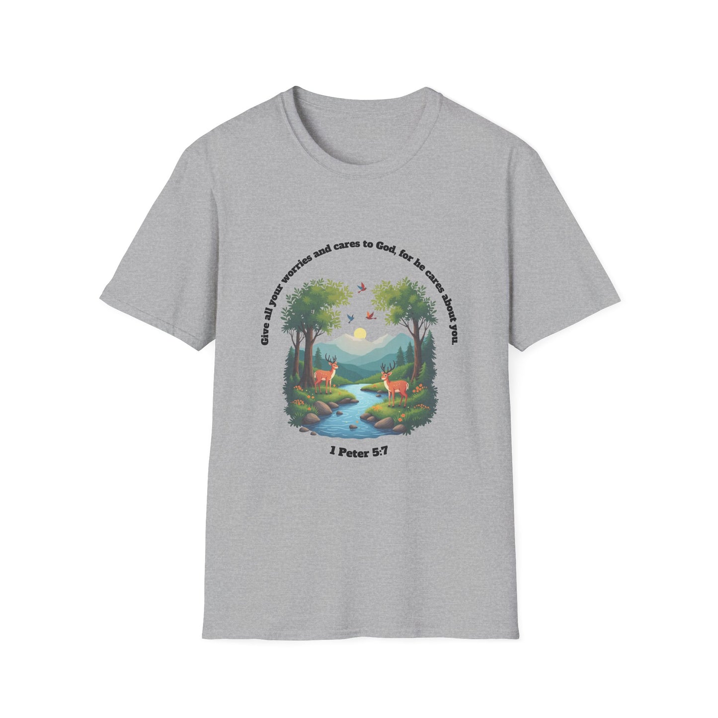 Worries And Cares Nature-Inspired Unisex T-Shirt with 1 Peter 5:7 Design