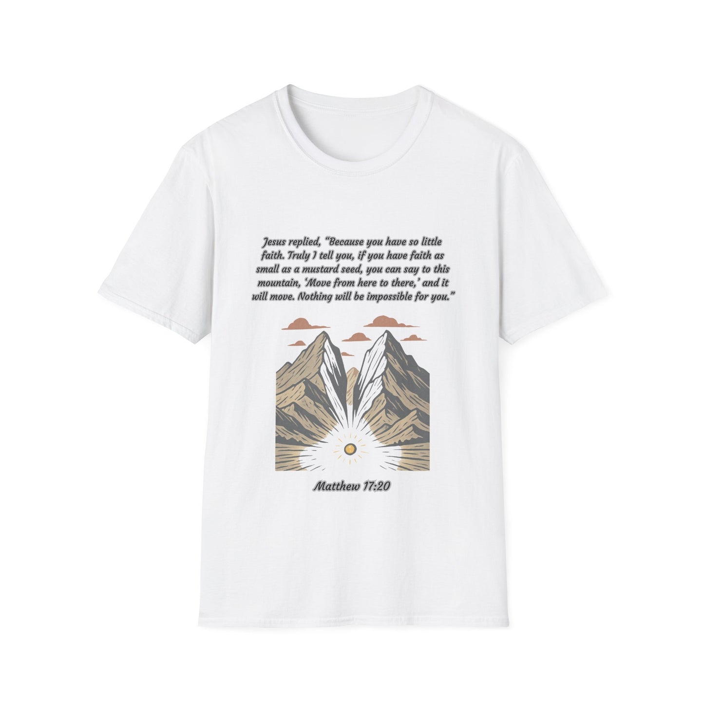 Mustard Seed Faith Inspirational Unisex Softstyle T-Shirt with Mountain Design - Perfect for Motivational Gifts Matthew 17:20