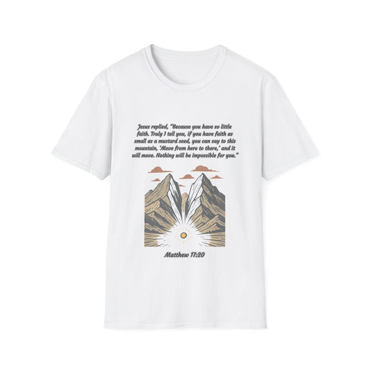 Mustard Seed Faith Inspirational Unisex Softstyle T-Shirt with Mountain Design - Perfect for Motivational Gifts Matthew 17:20