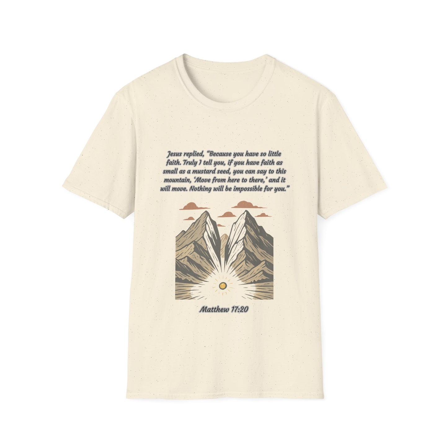 Mustard Seed Faith Inspirational Unisex Softstyle T-Shirt with Mountain Design - Perfect for Motivational Gifts Matthew 17:20