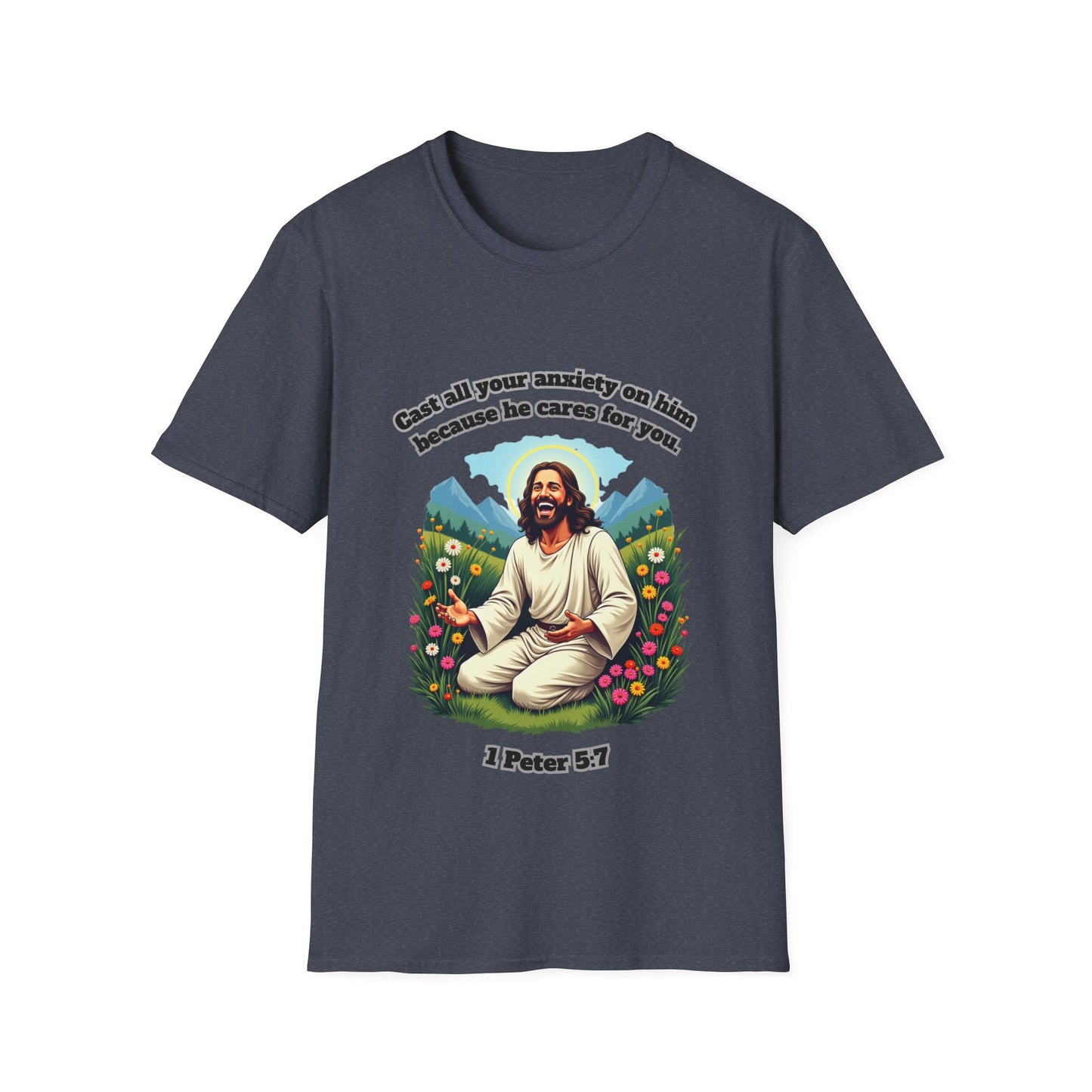 Cast Anxiety Because He Cares Graphic T-Shirt for Healing and Empowerment 1 Peter 5:7
