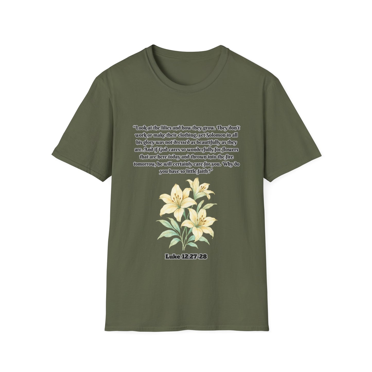 God Cares Even For The Flowers Inspirational Floral T-Shirt with Bible Verse Luke 12:27-28