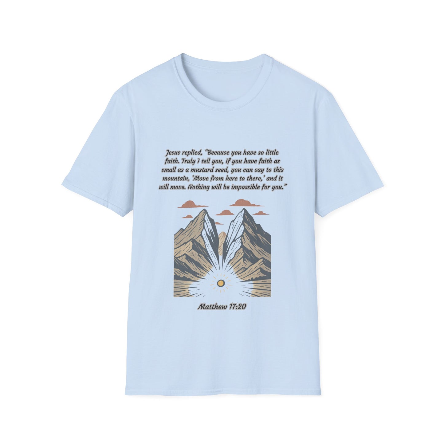 Mustard Seed Faith Inspirational Unisex Softstyle T-Shirt with Mountain Design - Perfect for Motivational Gifts Matthew 17:20