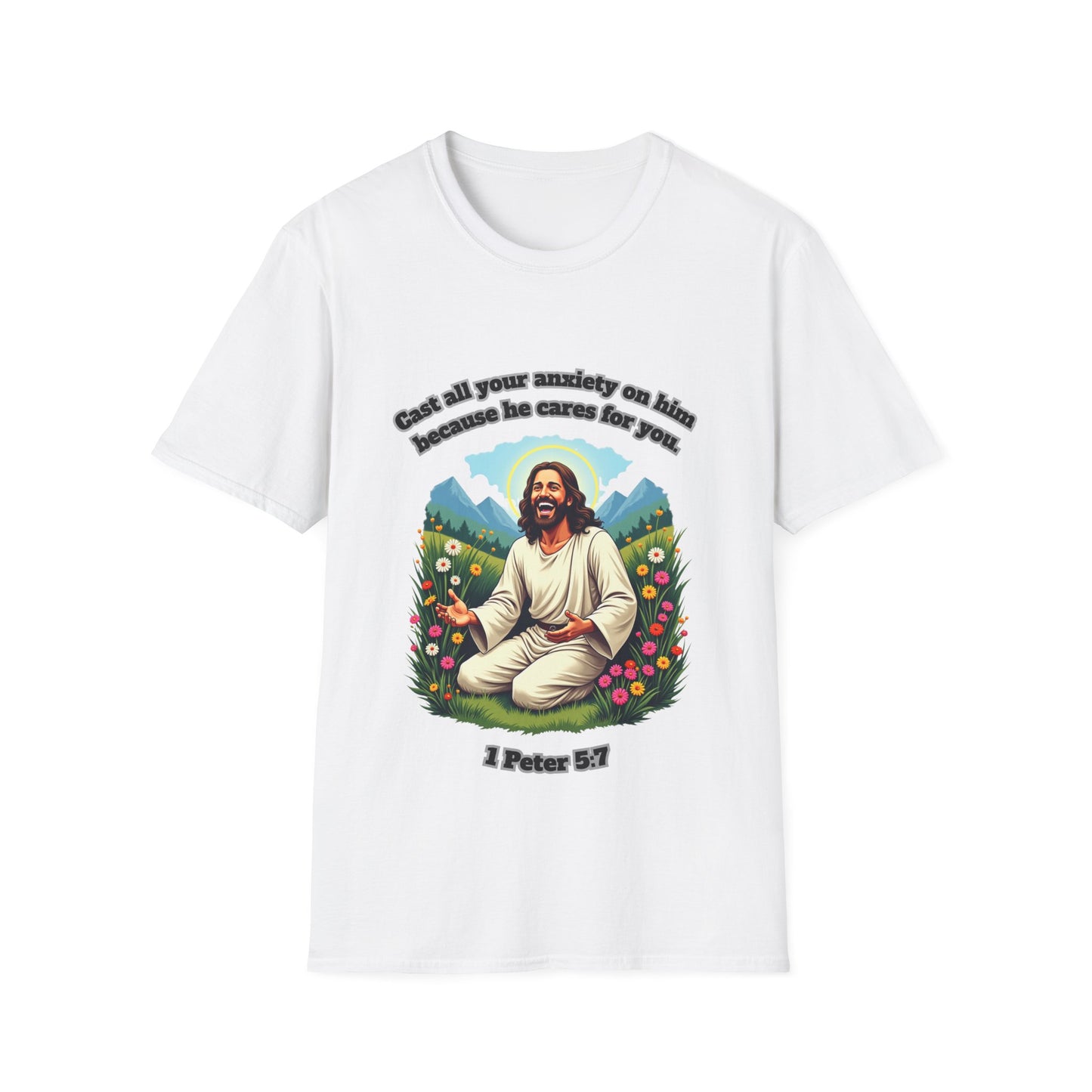 Cast Anxiety Because He Cares Graphic T-Shirt for Healing and Empowerment 1 Peter 5:7