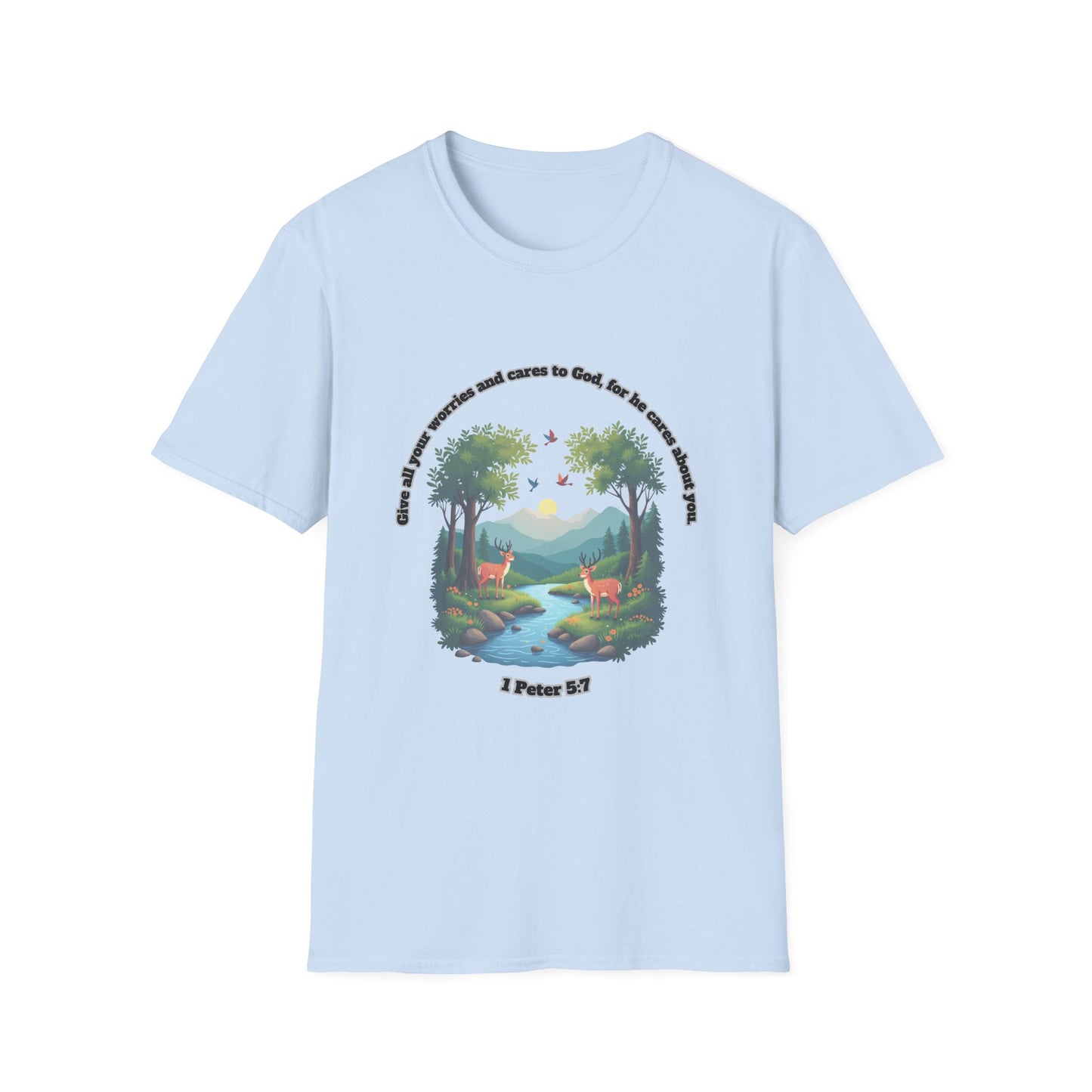 Worries And Cares Nature-Inspired Unisex T-Shirt with 1 Peter 5:7 Design