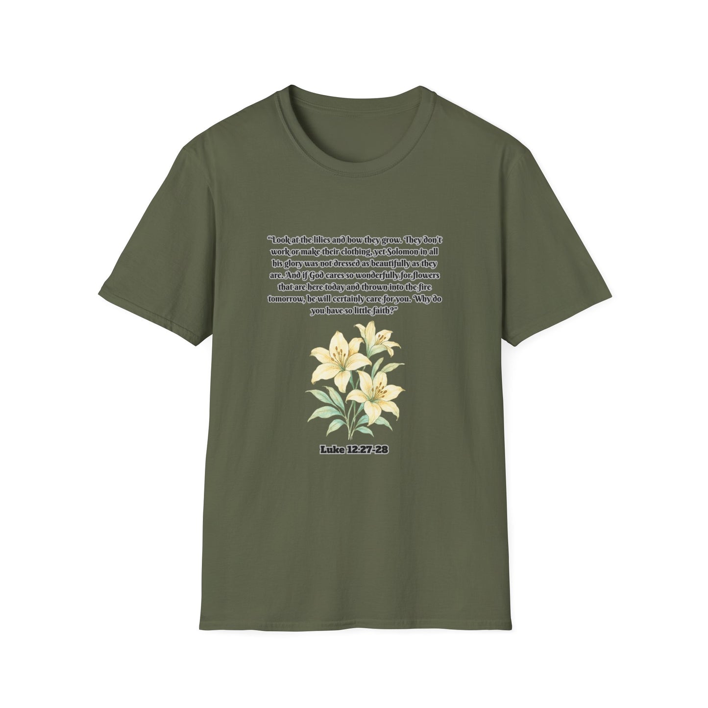 God Cares For Flowers Inspirational Floral T-Shirt with Bible Verse Luke 12:27-28