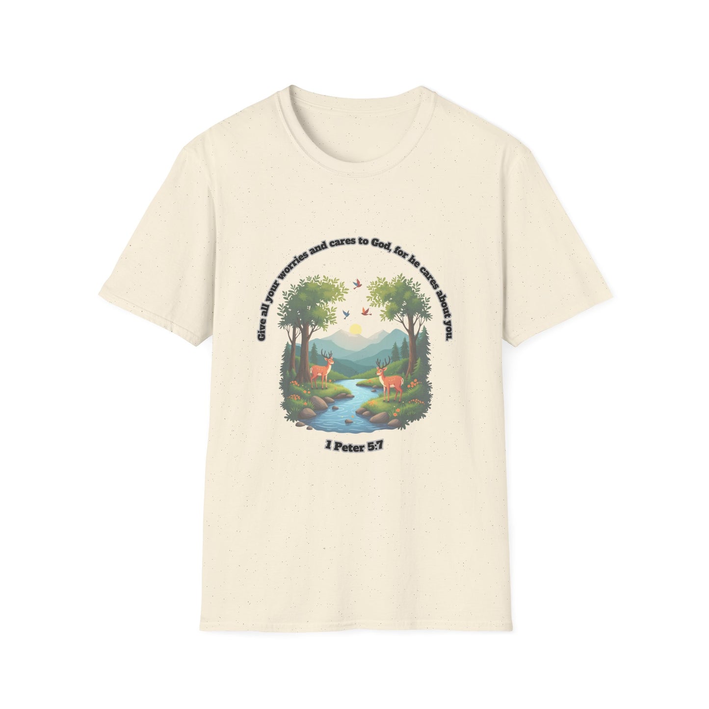 Worries And Cares Nature-Inspired Unisex T-Shirt with 1 Peter 5:7 Design
