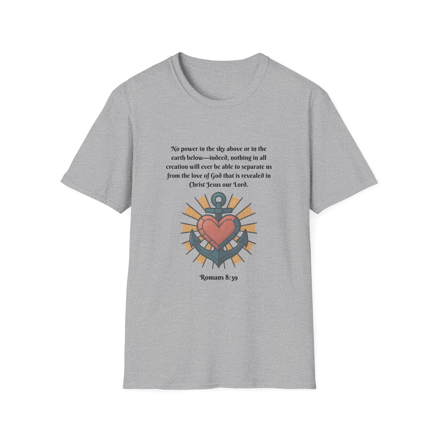 Nothing Can Separate Us From Gods Love Inspirational Unisex Softstyle T-Shirt with Heart Design Romans 8:39