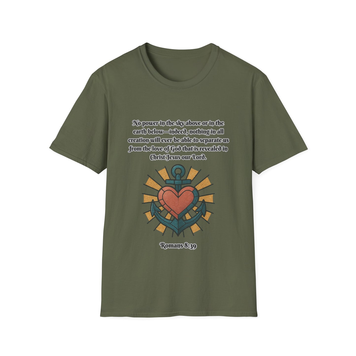 Nothing Can Separate Us From Gods Love Inspirational Unisex Softstyle T-Shirt with Heart Design Romans 8:39