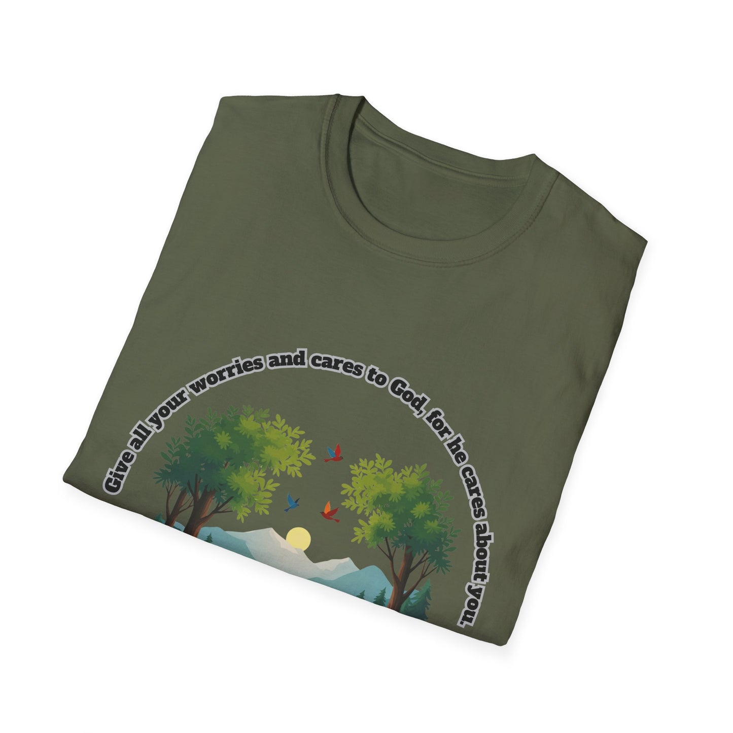 Worries And Cares Nature-Inspired Unisex T-Shirt with 1Peter 5:7 Design