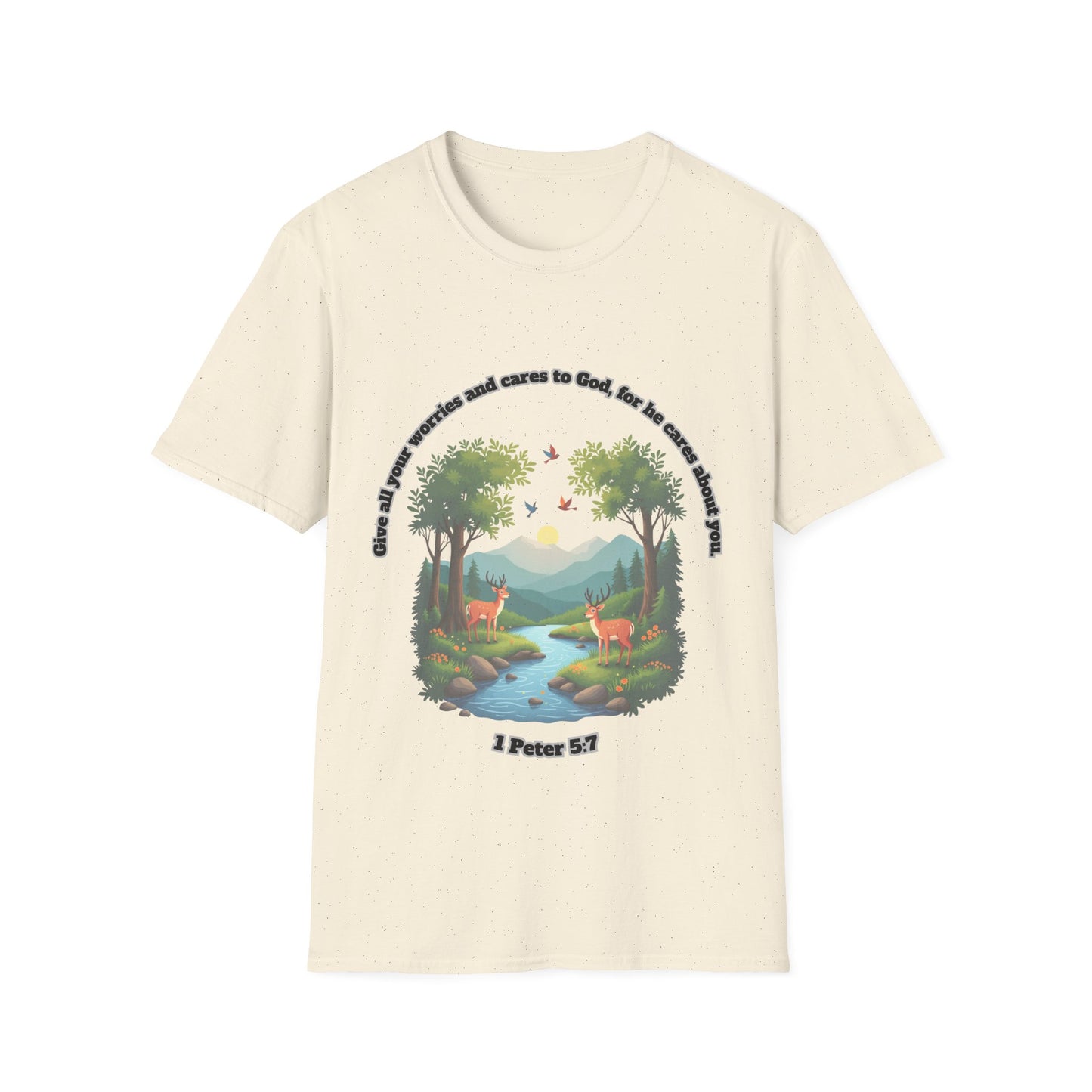 Worries And Cares Nature-Inspired Unisex T-Shirt with 1Peter 5:7 Design