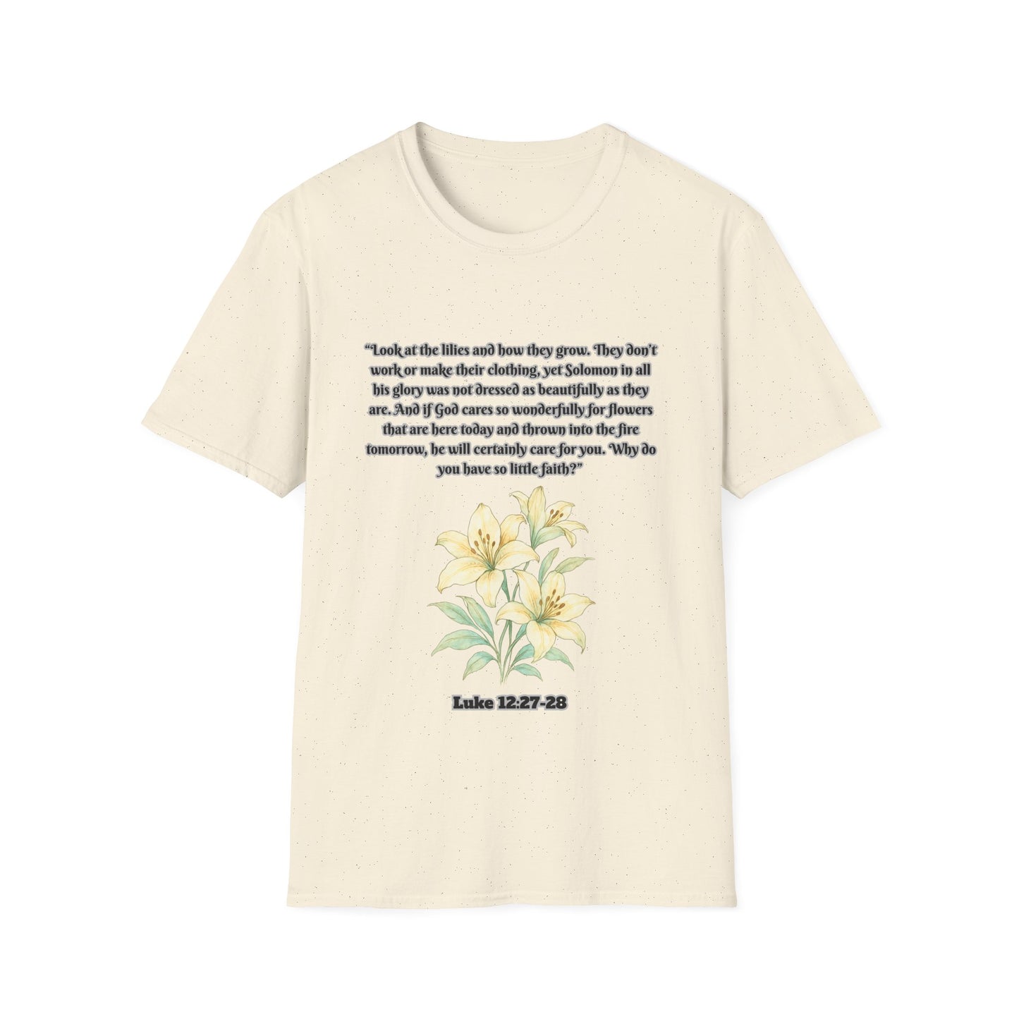 God Cares Even For The Flowers Inspirational Floral T-Shirt with Bible Verse Luke 12:27-28