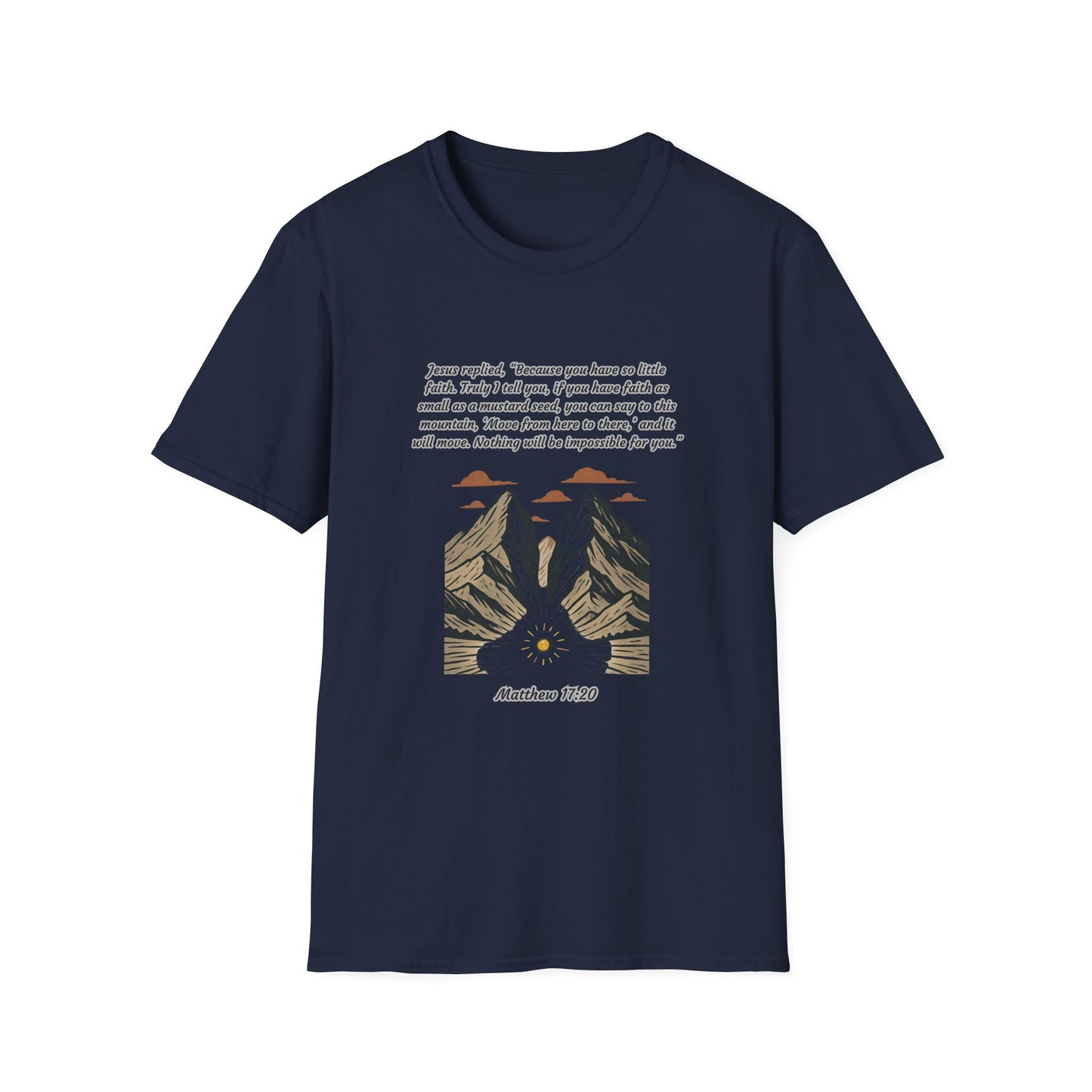 Mustard Seed Faith Inspirational Unisex Softstyle T-Shirt with Mountain Design - Perfect for Motivational Gifts Matthew 17:20