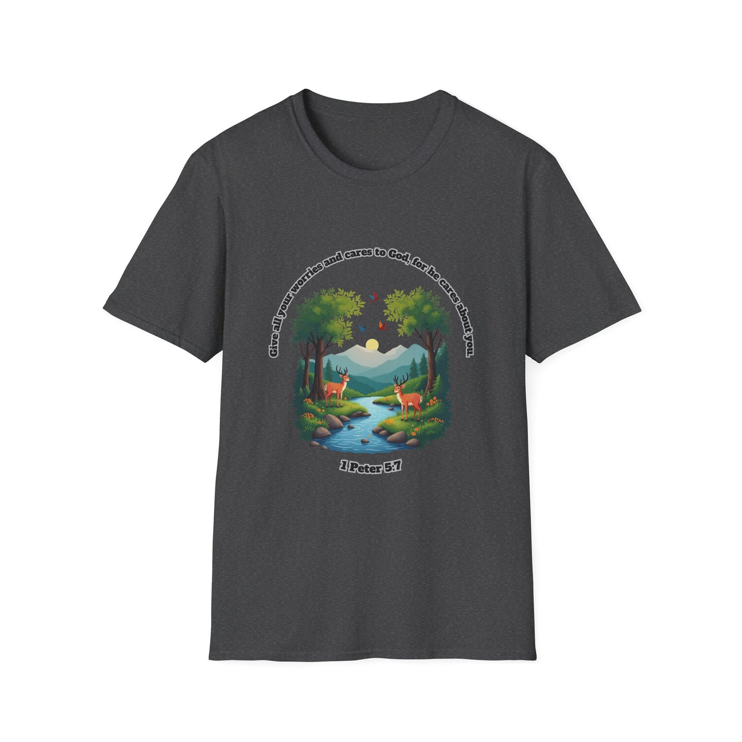 Worries And Cares Nature-Inspired Unisex T-Shirt with 1 Peter 5:7 Design