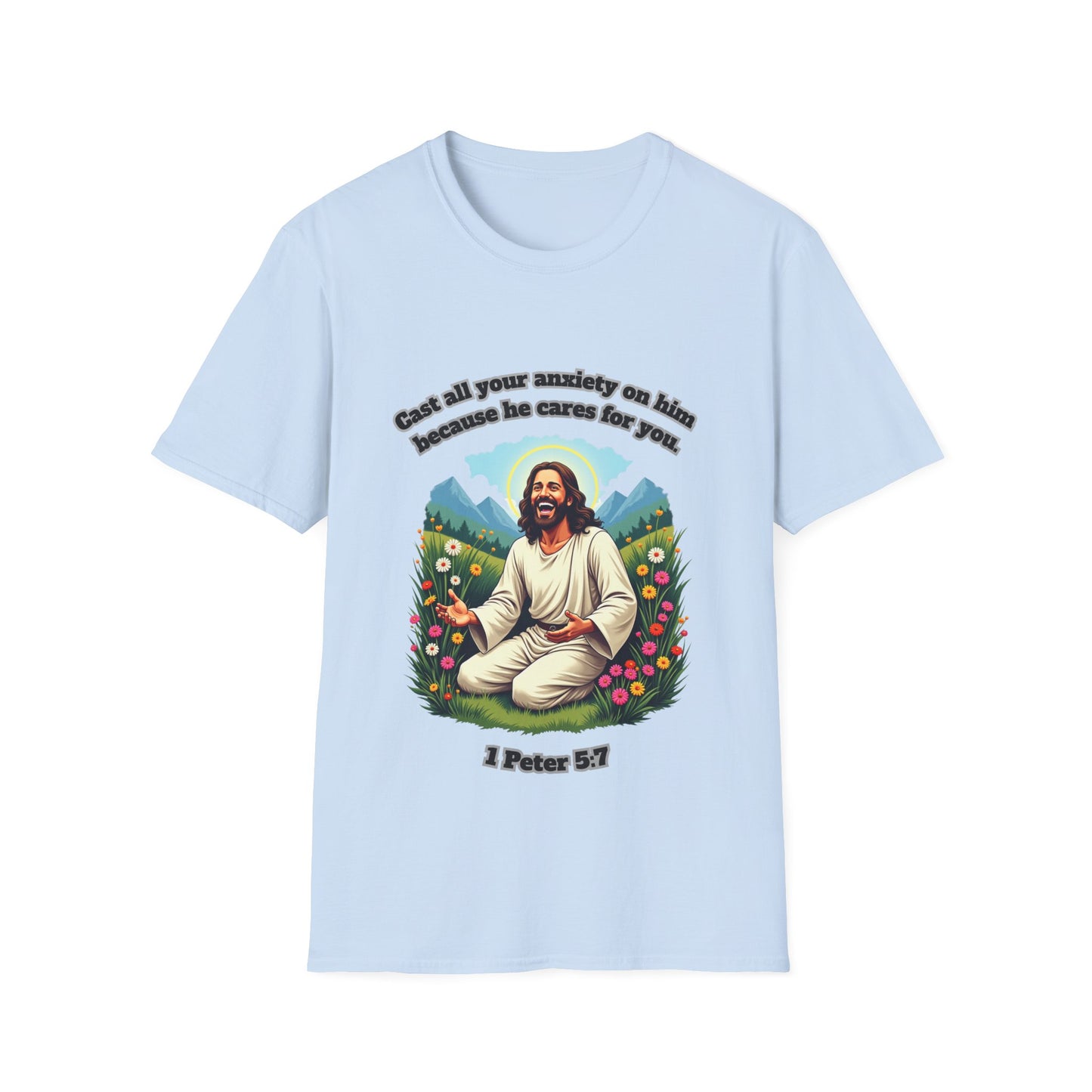 Cast Anxiety Because He Cares Graphic T-Shirt for Healing and Empowerment 1 Peter 5:7
