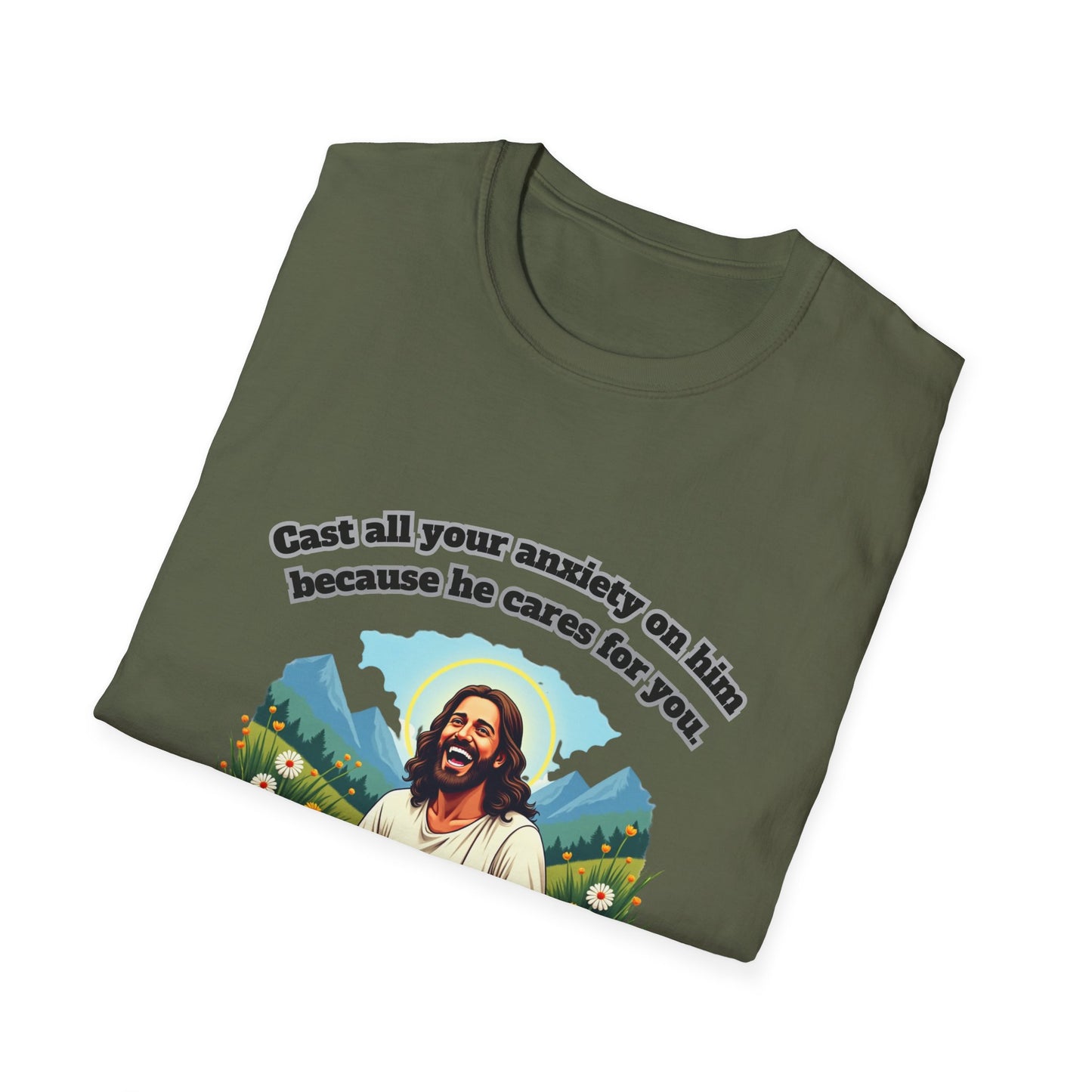 Cast Anxiety Because He Cares Graphic T-Shirt for Healing and Empowerment 1 Peter 5:7