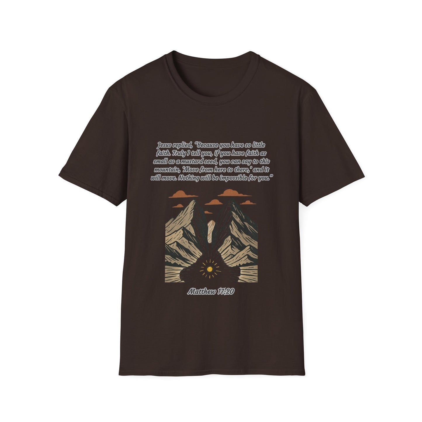 Mustard Seed Faith Inspirational Unisex Softstyle T-Shirt with Mountain Design - Perfect for Motivational Gifts Matthew 17:20