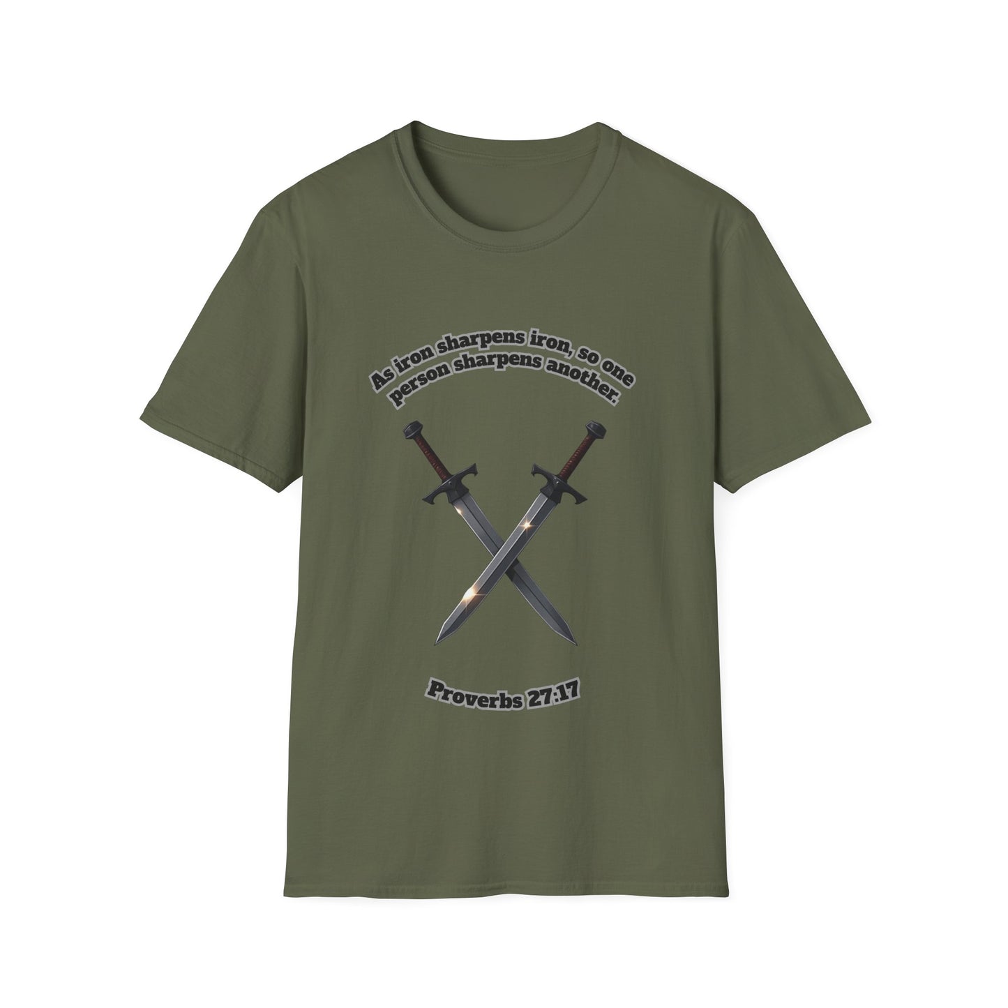 "Iron Sharpens Iron" Sword Design Inspirational Unisex Softstyle T-Shirt Proverbs 27:17