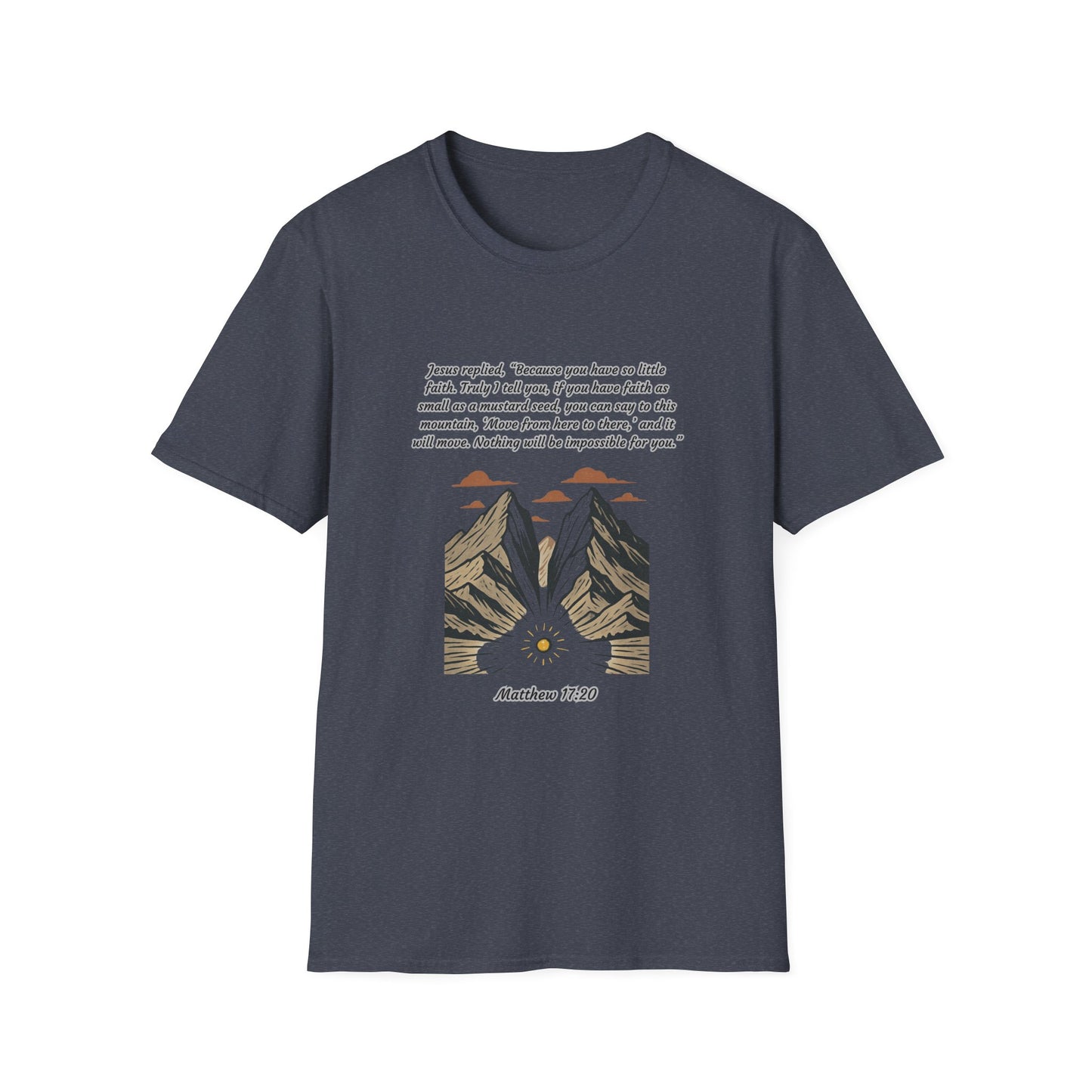Mustard Seed Faith Inspirational Unisex Softstyle T-Shirt with Mountain Design - Perfect for Motivational Gifts Matthew 17:20