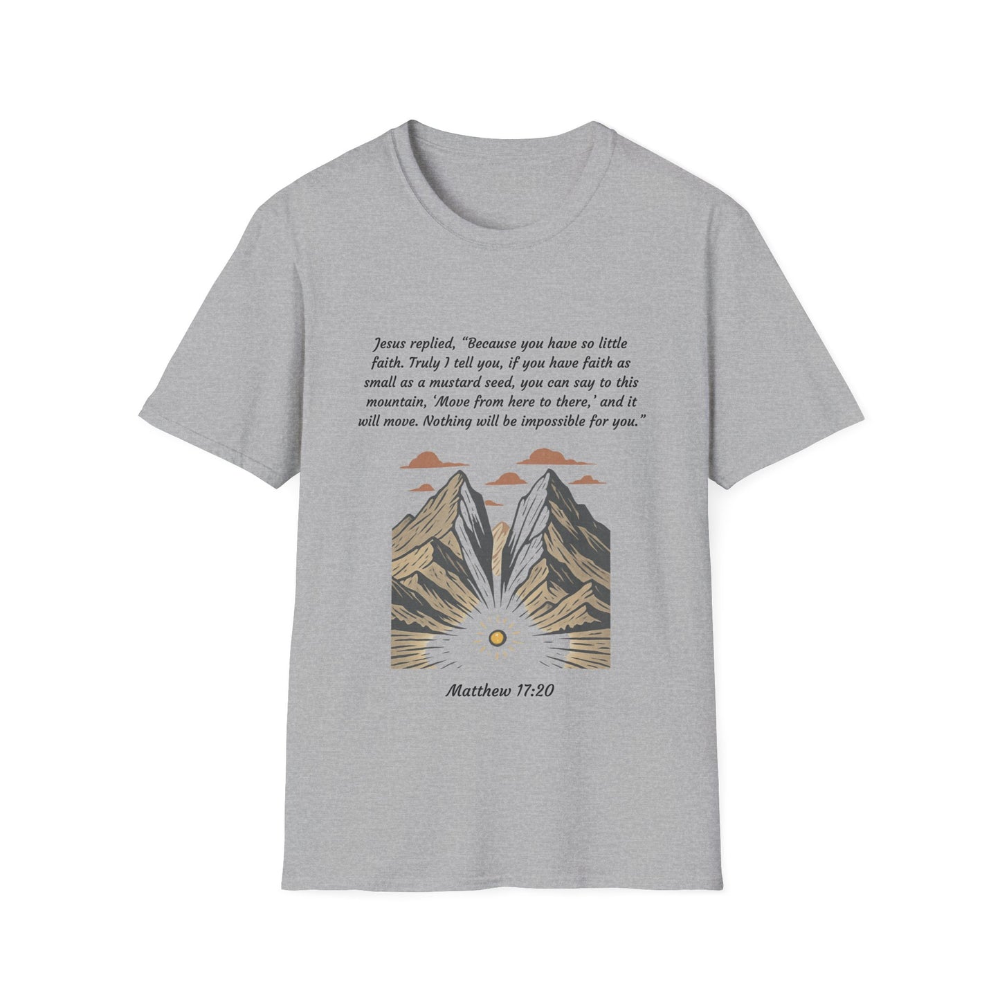 Mustard Seed Faith Inspirational Unisex Softstyle T-Shirt with Mountain Design - Perfect for Motivational Gifts Matthew 17:20